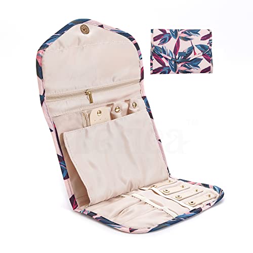 Periea ‘Cleo’ Travel Jewellery Organiser Roll Foldable Jewelry Case for Journey - Rings, Necklaces, Bracelets, Earrings (Peach Leaves, Medium)