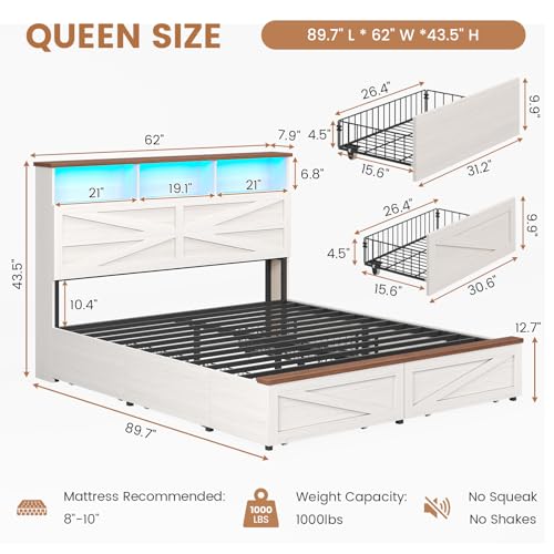 VIAGDO Queen Bed Frame with 6 Drawers, Farmhouse Bed Frame with Barn Door Headboard and Storage, Wood Platform Bed Frame Queen Size with Charging Station and LED Lights, No Box Spring Needed, White