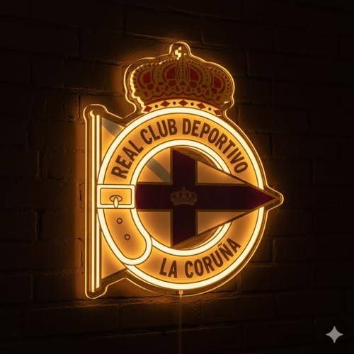 Letrero regalo Escudo 2° división Club Deportivo la Coruña con Corona,colores iluminados brillantes con base metacrilato,neón led y vinilo 40x30 cm aproximadamente con cadena y alimentación 12v