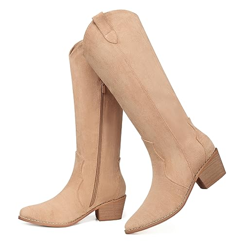 Image of SHIBEVER Cowgirl Boots Knee High: Womens Western Cowboy Boots Wide Calf Apricot Low Heeled Put on Suede Tall Booties Size 10.5