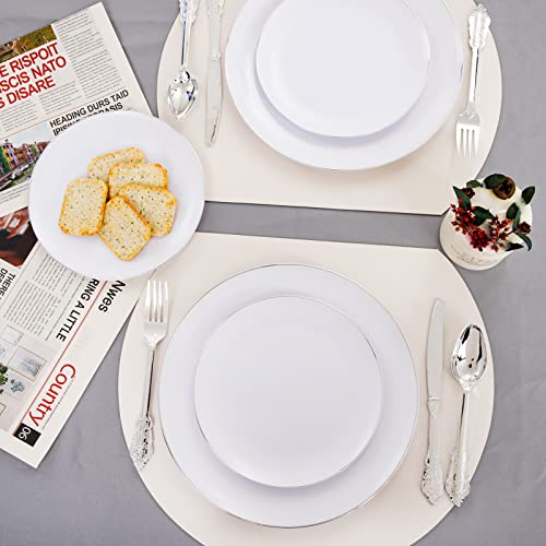 Kire 100Pcs Silver Plastic Plates - Heavy Duty White Disposable Plates With Silver Rim For Party/Wedding - Include 50Pieces 10.25Inch Silver Dinner Plates And 50Pieces 7.5Inch Silver Dessert Plates #TOP6