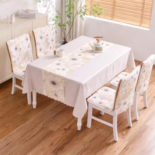 Image of HOMETHREADS Floral Cotton Chair Cover Set | Soft & Comfortable Seat Covers with Anti-Skid Non-Slip Backing + Waterproof Dining Table Cover (140x180 cm) (White Yellow, 4 Chair Covers + 1 Table Cover)