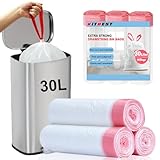 Bolsas de basura de 30 litros (60 bolsas), KITBEST bolsas de basura con cordón y asa, resistentes para baño, dormitorio, cocina, oficina y papelera (60×65cm, Blancas)