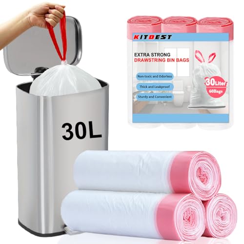 Bolsas de basura de 30 litros (60 bolsas), KITBEST bolsas de basura con cordón y asa, resistentes para baño, dormitorio, cocina, oficina y papelera (60×65cm, Blancas)