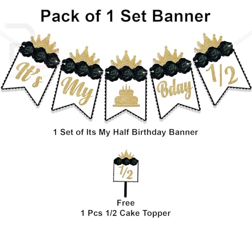 Image of Rozi Decoration Its My Half Birthday Black Banner Pack of 1 Set Happy Birthday Half Month Banner Decorations | Its My 1 /2 Birthday Banner | Its My Half Birthday Banner