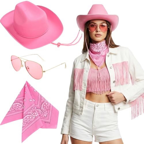 Image of 3 Pcs American Flag Cowboy Hat with Bandana and Glasses Cowboy Hat with Strap Halloween Cosplay Costumes for Masquerade
