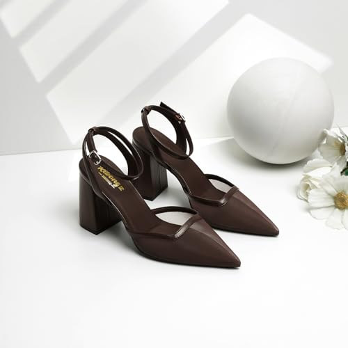 Image of RIBONGZ Block Heels for Women Closed Pointed Toe Heeled Slingback Chunky High Heel Ankle Strap Pumps Patent Leather Comfort Dressy Shoes for Work Party Prom Wedding Bridal Dress