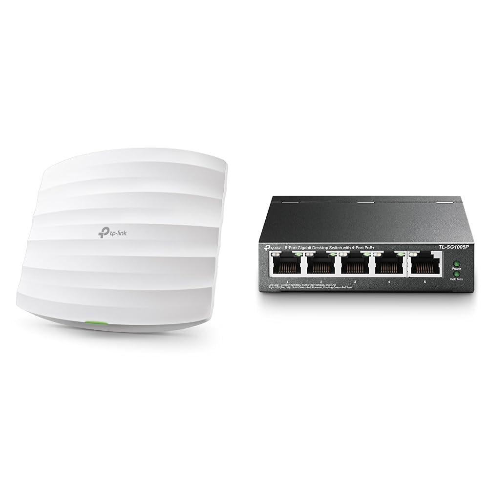 TP-Link EAP245 Point d'accès Wi-FI Double Bande AC1750 Gigabit - Plafonnier (450Mbps en 2.4GHz + 1300Mbps en 5GHz), Blanc & Switch PoE (TL-SG1005P V2) 5 Ports Gigabit, 4 Ports PoE+, 65W