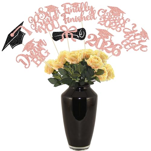 Gyufise 16Pcs Prom 2026 Centerpiece Sticks Class of 2026 Table Flower Centerpieces Sticks Congrats Grad Party Decorations for 2026 Graduation College Prom Party Supplies Black Rose Gold