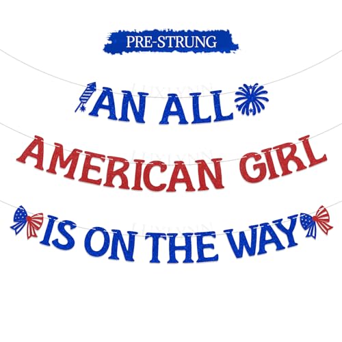 4th of July Baby Shower Banner, An All American Girl Is On The Way Banner, Red & Blue Bow Welcome Baby Girl Decorations, Patriotic Theme Gender Reveal Party Supplies