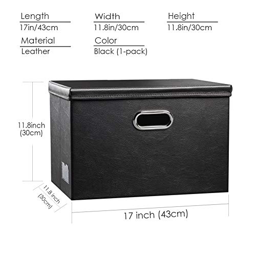 Prandom Large Collapsible Storage Bin With Lid [1-Pack] Leather Fabric Foldable Storage Box Organizer Containes Basket Cube With Cover For Home Bedroom Closet Office Nursery Black (17.7X11.8X11.8) #TOP5