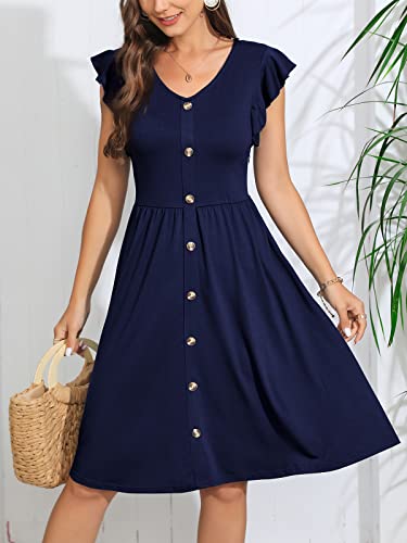 Lamilus Women's Casual Summer Dresses 2025 Ruffle Sleeves V-Neck Button Down Midi Swing Party Dress4