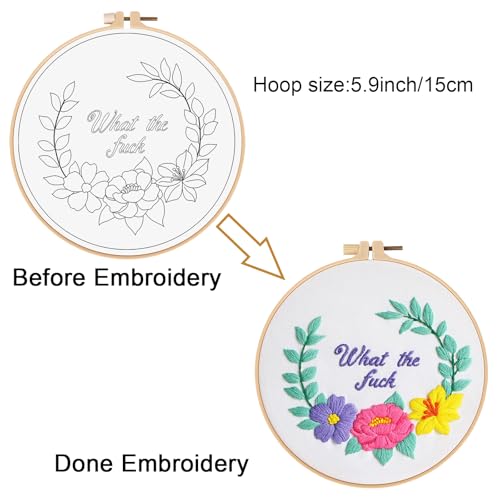 Image of Louise Maelys Funny Embroidery Kits for Beginners,Cross Stitch Kit for Adults Starters,DIY Needlepoint with Floral Flower Wreath Pattern