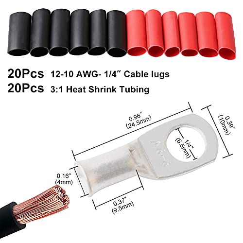 Elecfun Battery Wire Lugs 12-10Awg 1/4" Stud(M6), 20Pcs Heavy Duty Battery Cable Ends, Copper Eyelets Terminal Connectors，Tubular Ring Terminals With 3:1 Dual Wall Heat Shrink Tubing, Tkl6-6 #TOP2