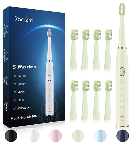 7am2m Sonic Electric Toothbrush for Adults and Kids- High Power Rechargeable Toothbrushes with 8 Brush Heads,5 Adjustable Modes, Built-in 2-Minute Smart Timer,4 Hours Fast Charge for 75 Days