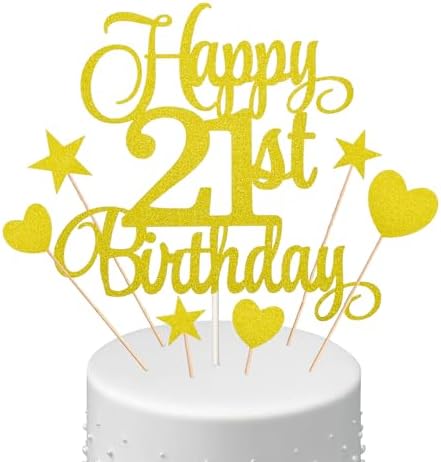 21th Happy Birthday Cake Toppers,7PCS Star and Heart Gold Glitter Birthday Sign for Cake Birthday Cake Decorations Supplies for Children Adults Women Men (Gold 21th)