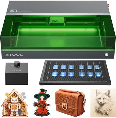 xTool S1 20W Laser Recorder Kit with Intelligent Air System and Honeycomb Panel, Closed Security, Auto Focus, 498 x 330 mm, Cutter for Metal, Wood, Leather, Acrylic