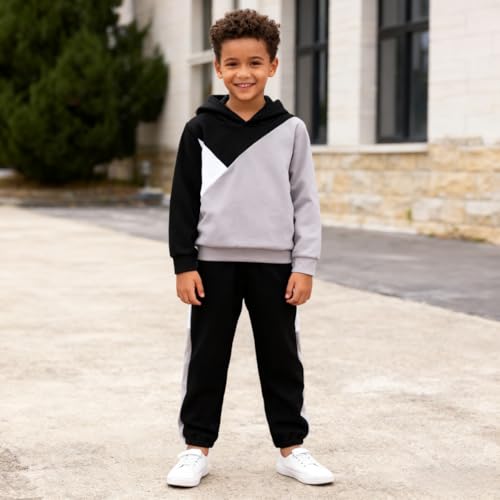 Image of Boys Clothes 2pcs Tween Boy Color Block Hoodie + Pants Little Boys Fall Winter Outfits Set, 4-12 Years