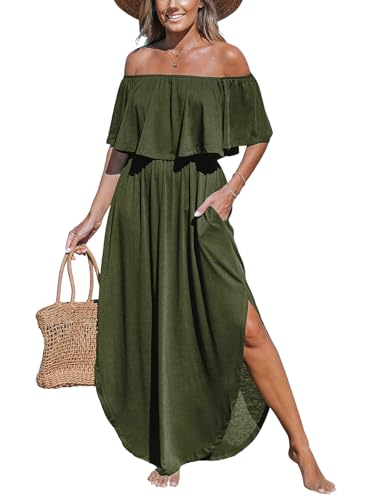CUPSHE Women's Knit Ruffle Maxi Cover Up Dress Off Shoulder Split Hem Summer Dresses Cover Ups with Pockets