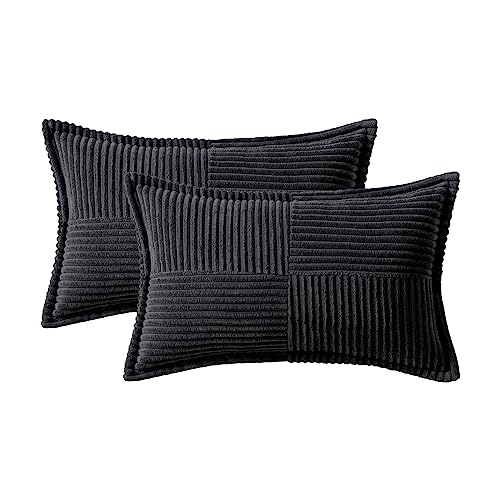 Image of MIULEE Decorative Lumbar Throw Pillow Covers for Couch Bed Livingroom 12x20 Inch Set of 2 Black Boho Accent Throw Pllows Broadside Striped Patchwork Soft Corduroy Pillowcases