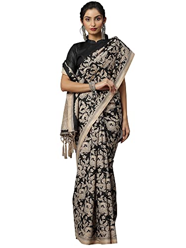 Image of AKHILAM Women's Bhagalpuri Silk Checkered Printed Tant Saree with Unstitched Blouse Piece