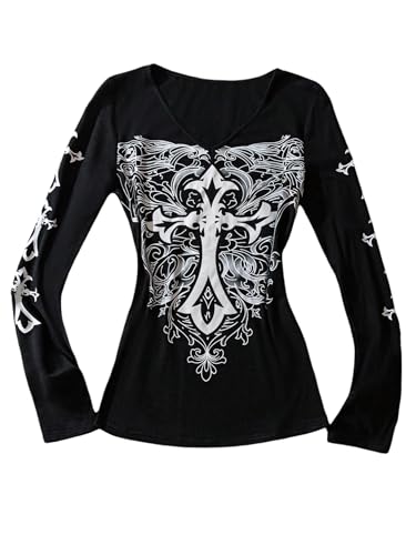 WDIRARA Women's Gothic Cross Graphic T Shirts V Neck Long