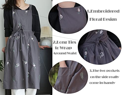 Losofar Embroidered Cotton Pleated Apron Retro Waterdrop Proof Garden Cleaning Pinafore Dress (Floral Grey, 103Cmx86Cm) #TOP3