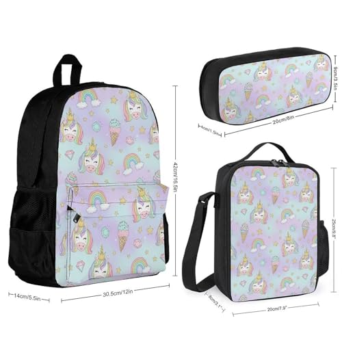 AMRANDOM 3PCS Backpack for Women Men Bag with Lunch Box, Cute Unicorns Bookbag Set for Women2