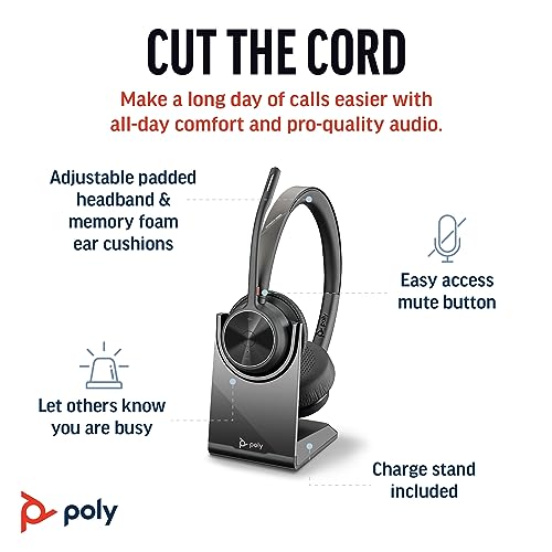 Poly Voyager 4320 UC Wireless Headset & Charge Stand (Plantronics) - Stereo Headphones w/Noise-Canceling Boom Mic - Connect PC/Mac/Mobile via Bluetooth - Works w/Teams, Zoom, & More - Amazon Exclusive