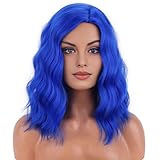 BERON 14 Inches Royal Blue Wig Short Curly Wig Dark Blue Bob Wigs Women Beach Wave Wigs for Cosplay Costume Party Hairnet Included