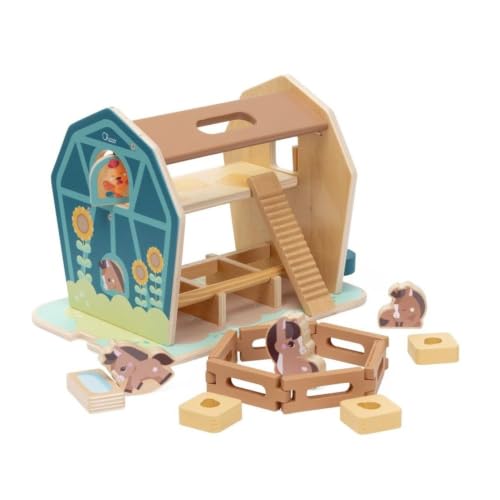 Chicco La Grande Ferme des Poneys Playset, Jeu éducatif en Bois avec 3 Personnages et Accessoires | Jeu de Rôle avec Poulie, Escalier et Clôture, Inspiré par la méthode Montessori, 2 Ans +