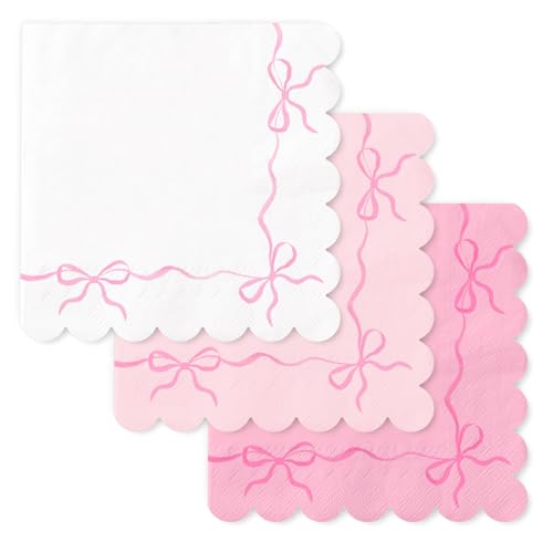 FYSUIMU 150 Pcs Pink Bow Paper Napkins Coquette Bownot Luncheon Napkins Scalloped Edge Disposable Dinner Dessert Napkin for Valentines Day Wedding Birthday Bridal Party Table Supplies