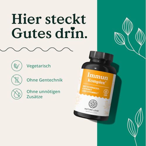 NATURE LOVE® Immun Komplex - 120 Kapseln - 4 Monate Reichweite - mit Echinacea-Extrakt, Vitamin C & D, Zink, Selen und Histidin - Immunsystem unterstützen* - hochdosiert, laborgeprüft aus Deutschland
