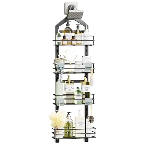 Orimade Adjustable Anti-Slip Hanging Shower Caddy Over Shower Head,Rustproof Bathroom Hanging Shower Organizer with 4 Hooks for Razor,No Drilling Shower Shelves Storage Rack,Black 4 Tier Cover