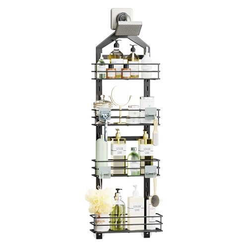Orimade Adjustable Anti-slip Hanging Shower Caddy over Shower Head,Rustproof Bathroom Hanging shower Organizer with 4 Hooks for Razor,No Drilling Shower shelves Storage Rack,Black 4 Tier by Orimade - Used condition - US$37.96