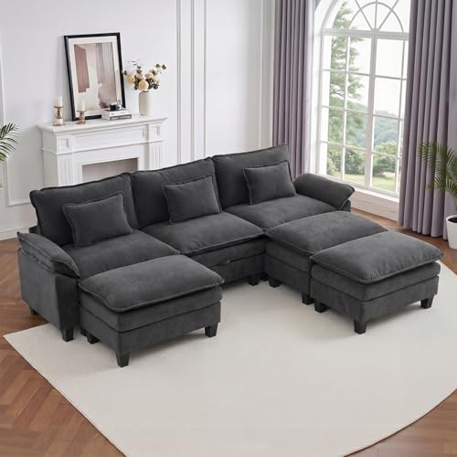 Image of IPKIG 117 inch Modular Cloud Couch with Storage, C Shaped Sectional Sofa | 3 Seater Dark Grey Velvet Deep Seat Sectional Couches with Ottoman and Pillow for Living Room, Apartment