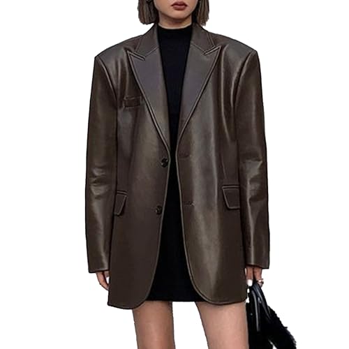 JEKE-DG Women's Blazer Collar Fuax Leather Coat Button Down Mid-Length Coat Jacket Fashion Outdoor Spring Fall Coats