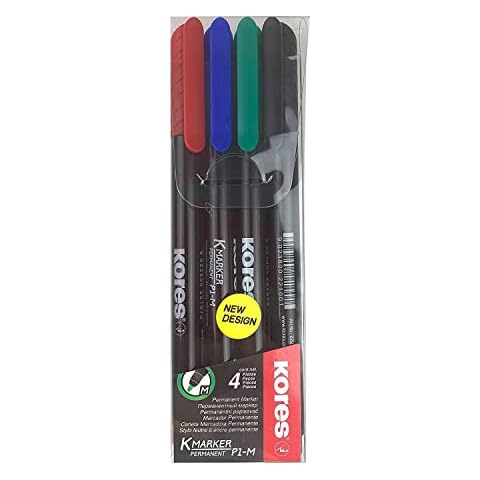 Kores - K-Marker P1: Coloured Permanent Marker Pens, Fine Fibre Tip with Waterproof and Low-Odour Ink, for All Surfaces, Set of 4 Assorted Colours Cover