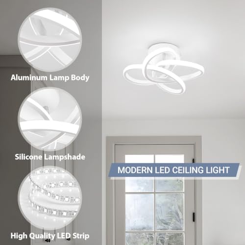 Image of CANEOE Modern Led Ceiling Light Fixture, 6000K Small Hallway Ceiling Light, White Close to Ceiling Lights for Hallway Bedroom Bathroom Entryway Balcony Stair Curved Design Ceiling Lamp (White)