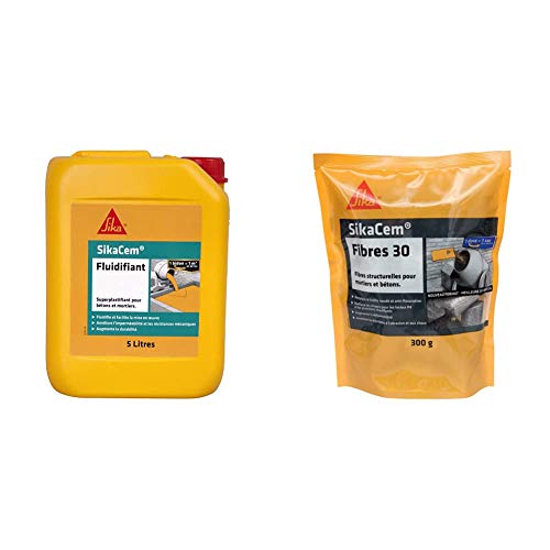 SikaCem Fluidifiant, Superplastifiant pour mortiers et béton, réducteur d'eau, haute durabilité, 5L & em Fibres 30, Fibres structurelles 30mm pour mortiers et bétons, 300g, Gris
