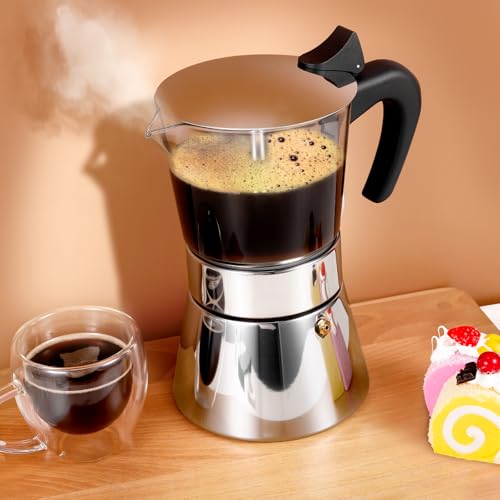 Image of Induction Moka Pot, 9 Cups (15.9 oz) Crystal Glass-Top & Stainless Steel Moka Pot, Classic Stovetop Espresso Maker, Silver
