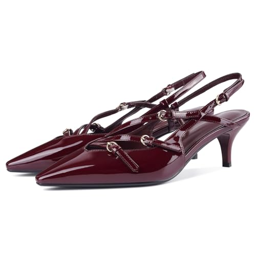 Image of CORNMOOD Stiletto Slingback Heels Pumps for Women | Glossy Patent Leather Kitten heel, Chic Dress Shoes for Modern Women, Ideal Wedding Evening Party and Work Office Outfit