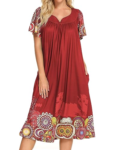 Image of Bloggerlove Mumu House Dress for Women with Pockets Short Sleeve Nightgowns | 15% Cotton, 80% Polyester, 5% Spandex, Floral Mumu House Dress, V-Neck, Short Sleeves, Midi Length, 2 Side Pockets, Lounging