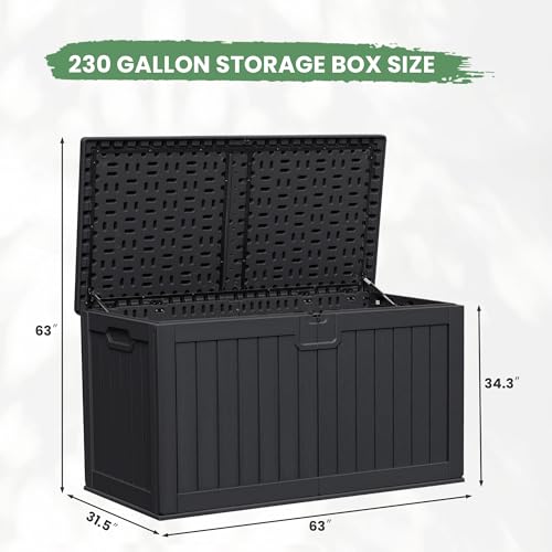 Image of Greesum 230 Gallon HDPE Outdoor Storage Box with Removable Dividers, Weatherproof Oversized Deck Box for Patio, Garage, Garden, Black