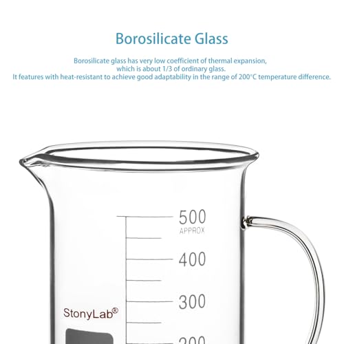 Image of stonylab Glass Beaker with Handle, Borosilicate Glass Graduated Low Form Griffin Beaker with Handle and Pouring Spout, 500 ml