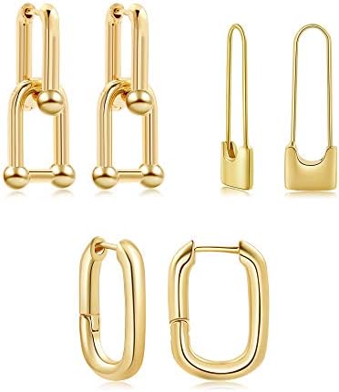 Sloong 3paris 14k Gold Plated Ball U Shape Pin Y2K Style Chunky Earring Link Chain Chunky Circle Hoop Earrings Paperclip Link Chain Jewelry Drop Dangle Earrings set for women teen girls