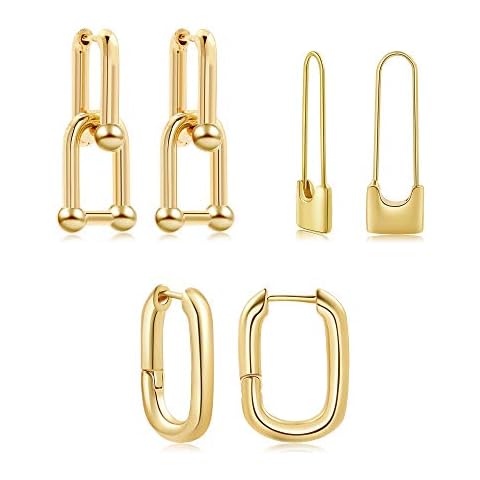 SLOONG 3 Pairs 14k Gold Plated U Shape Y2K Style Chunky Earring Link Chain Circle Hoop Earrings Jewelry Drop Dangle Earrings Set for Women Cover