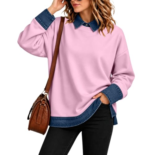 Womens Polo Shirts Button Denim Patchwork Lapel Collar Long Sleeve Tops - image 5