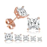 5 Pairs Stud Earrings 14K Rose Gold Plated Square Cut Clear Cubic Zirconia Hypoallergenic Earrings f