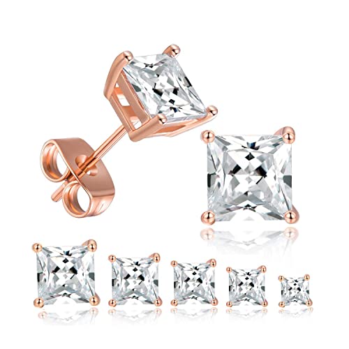 5 Pairs Stud Earrings 14K Rose Gold Plated Square Cut Clear Cubic Zirconia Hypoallergenic Earrings For Women And Men Pack Of 5 Pairs 3-7 Mm #TOP27